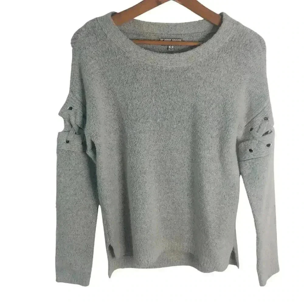 Crave Fame Light Grey Sweater Lace Up Sleeves Cutout Knit Crewneck Size S
